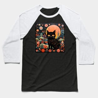 Surrealistic Folk Art Dark Floral Motif Black Cat Design Baseball T-Shirt